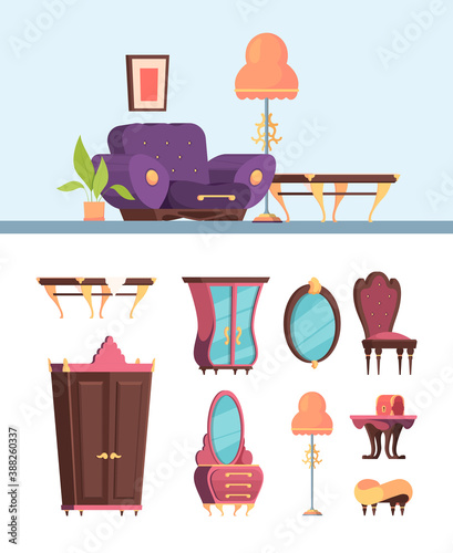 Antique furniture set. Retro interior living room archaic wide purple armchair vintage chest drawers oval mirror soft chair in old style decorative tea table with red chest. Vector trendy cartoon.
