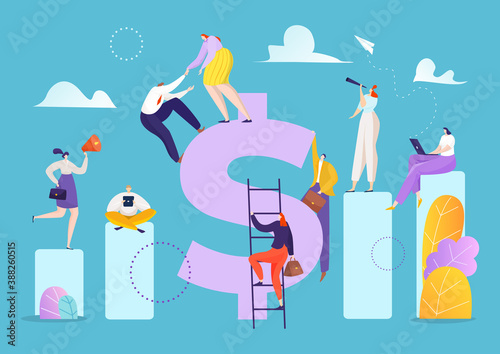 Teamwork finance success and growth, investment achievement vector illustration. Leadership climbing up at money, assistance progress goal. Manager effort at challenge, man woman help for motivation.