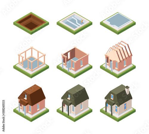 Stages of building house isometric. Excavation foundation and laying communications formation of building frame and mounting roof setting windows and doors with painting. Vector process.