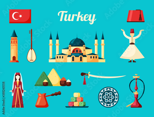 Turkey culture set. Ancient historical mosque dancing dervish oriental sweets variety of spicy spices red hookah mosaic with floral patterns cezva with coffee. Cartoon ethnic vector.