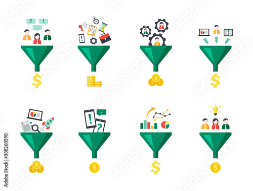 Sales funnel set. Optimization marketing system converting human labor and time into financial investments profit strategy and generation analytics business awareness. Vector clipart.
