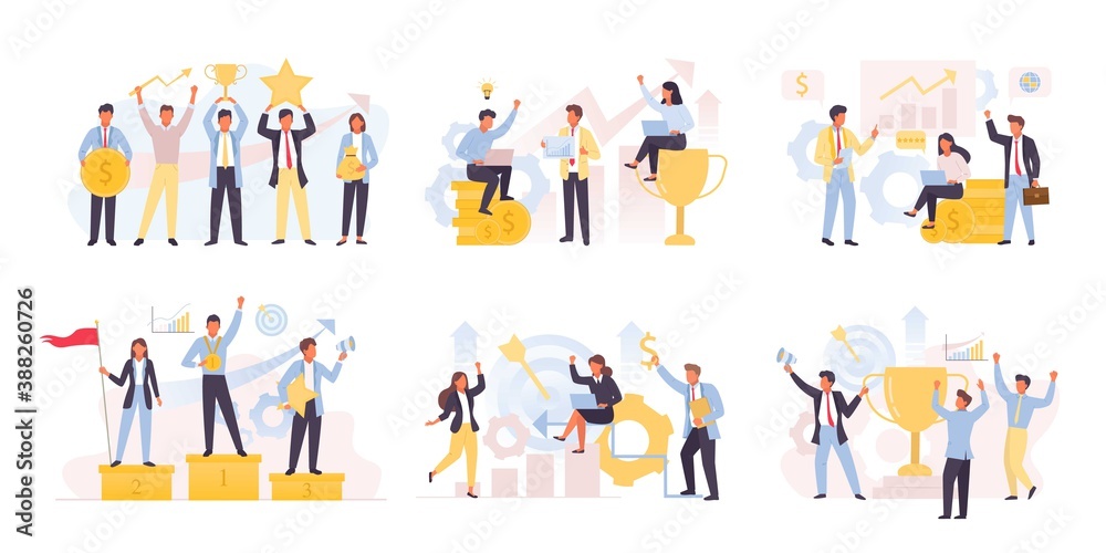 Business team winning and achieving set. Financial successful people is leaders exchange analytics marketing competitions profitable corporate startup with rating and golden cup best. Vector victory. Business team winning and achieving set. Financial successful people is leaders exchange analytics marketing competitions profitable corporate startup with rating and golden cup best. Vector victory.