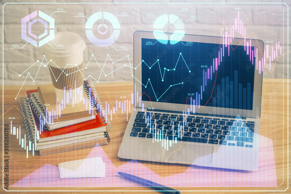 Multi exposure of forex graph and work space with computer. Concept of international online trading. Multi exposure of forex graph and work space with computer. Concept of international online trading.