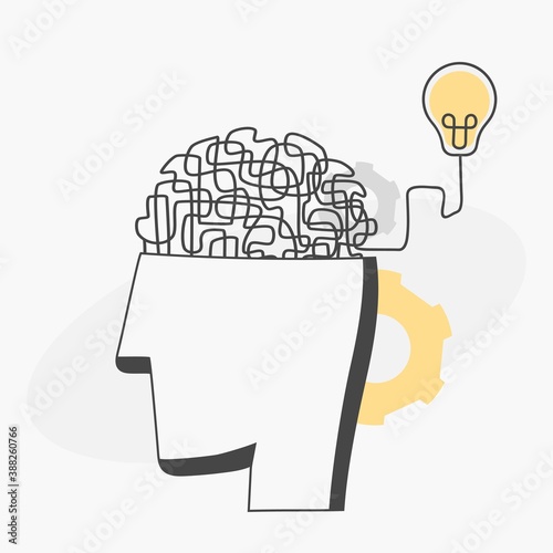 Chaotic tangle ideas in head illustration. Complex problem solving and intellectual clutter creative depression disordered mental confusion tangled memory with swirling lines. Vector imagination.