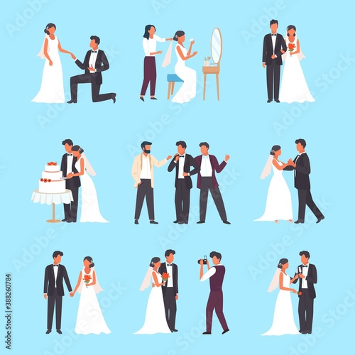 Wedding ceremony set. Groom and bride holding glasses man in tuxedo woman white dress cutting wedding cake romantic pair dance hall bride dresses up in front mirror elegant kiss. Celebration vector.