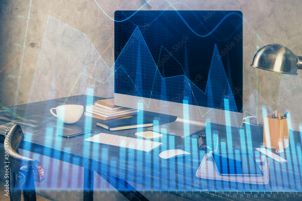 Financial graph colorful drawing and table with computer on background. Multi exposure. Concept of international markets.