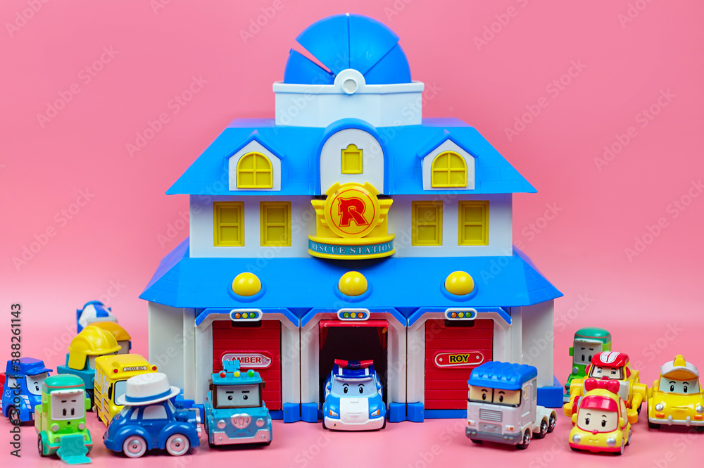 collection of cars from the cartoon Robocar Poli Stock Photo