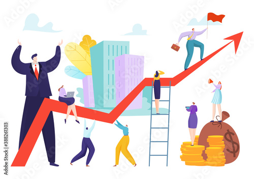 Teamwork at success arrow, team finance growth and achievement progress vector illustration. Corporate graph and leadership way, company idea direction. Cooperation graphic and group career chart.