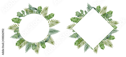 Fototapeta Naklejka Na Ścianę i Meble -  Watercolor frame set with tropical palm leaves. Hand drawn illustration exotic green leaf with background. Square frame