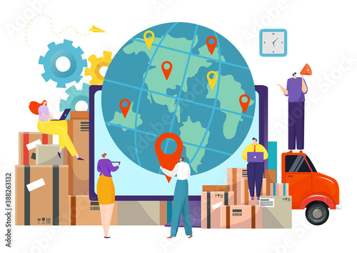 Cargo delivery with map, courier logistic service vector illustration. Trade by truck shipment, freight shipping and package. Online supply distribution and transport gps, van global deliver.