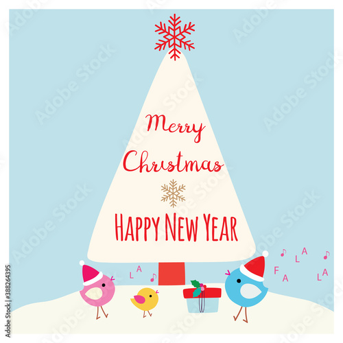 Cute colorful Merry Christmas greeting card with lettering. Happy birds with Santa hats, snow, present and Xmas tree illustration on light blue background. Vector design element. Great for stickers