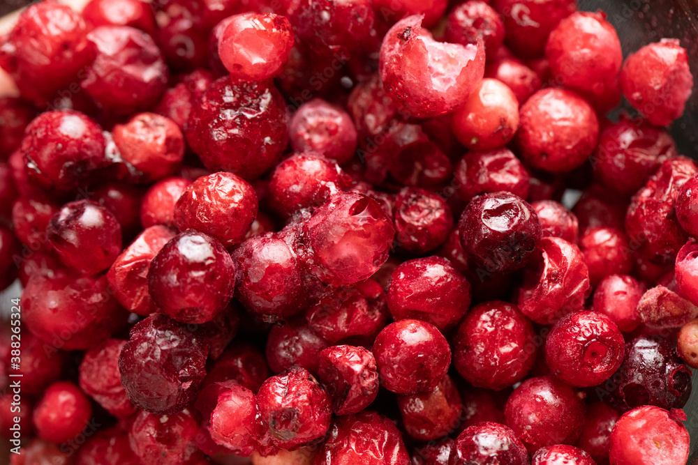 Macro shot of freeze dried organic cranberry, raw delicious snack, cooking baking ingredients. Red berries background. Natural sugars, healthy food, fresh fruits, mindful eating concept, text space Macro shot of freeze dried organic cranberry, raw delicious snack, cooking baking ingredients. Red berries background. Natural sugars, healthy food, fresh fruits, mindful eating concept, text space