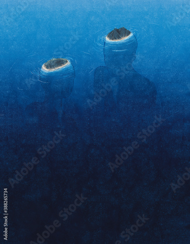 Two people as separate islands submerged in water