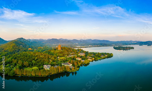 West Lake Leifeng Pagoda scenery in Hangzhou at sunrise,China.Aerial view.