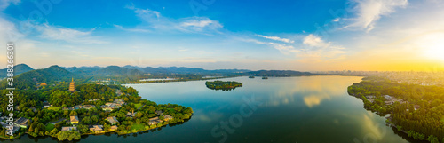 West Lake Leifeng Pagoda scenery in Hangzhou at sunrise,China.Aerial view.