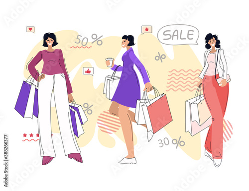 Happy women with purchases. Sale. Objects are isolated.