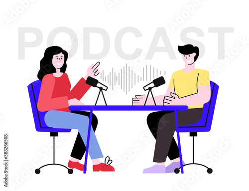 podcast girl and guy sitting at table in studio
