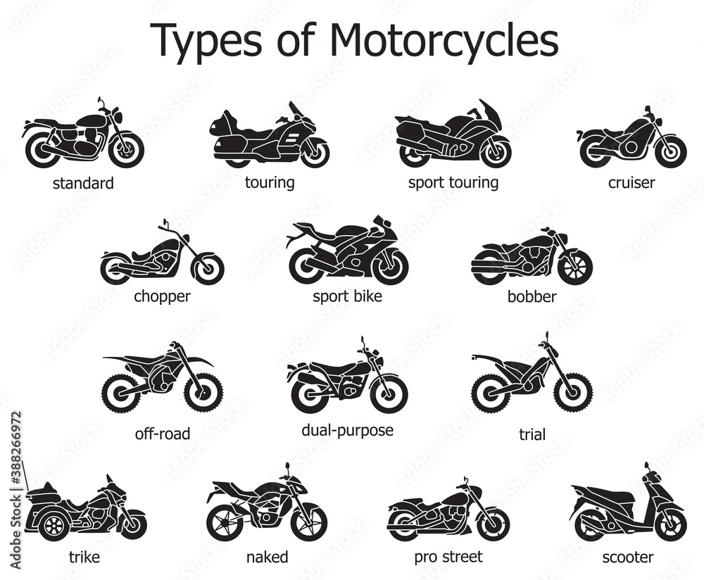 Detailed icons of motorcycles of different types