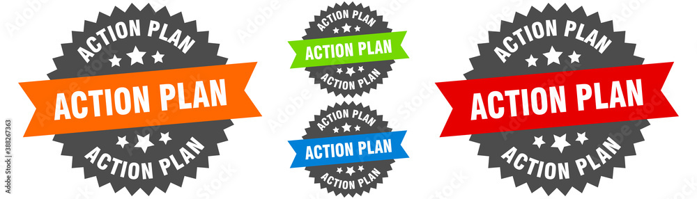 action plan sign. round ribbon label set. Seal