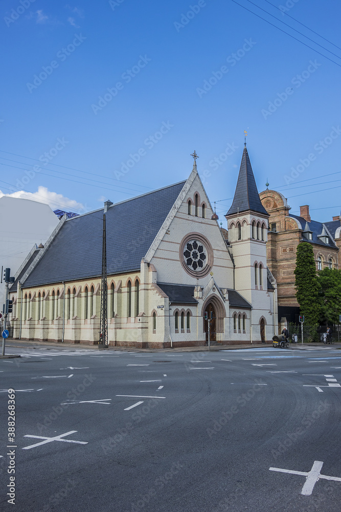 View of the Catholic Apostolic Church, located in the corner of Norre Sogade and Gyldenlovesgade. Copenhagen. Denmark.