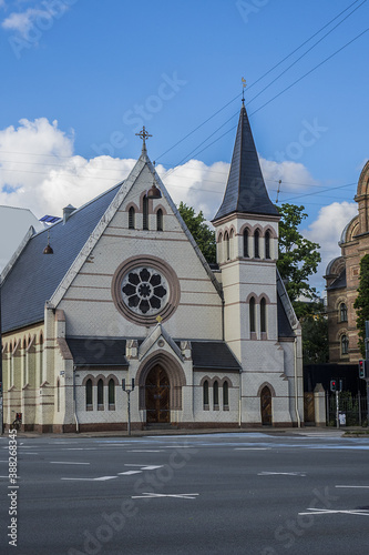 View of the Catholic Apostolic Church, located in the corner of Norre Sogade and Gyldenlovesgade. Copenhagen. Denmark.