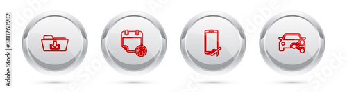 Set line Folder download, Financial calendar, Flight mode the mobile and Car sharing. Silver circle button. Vector.