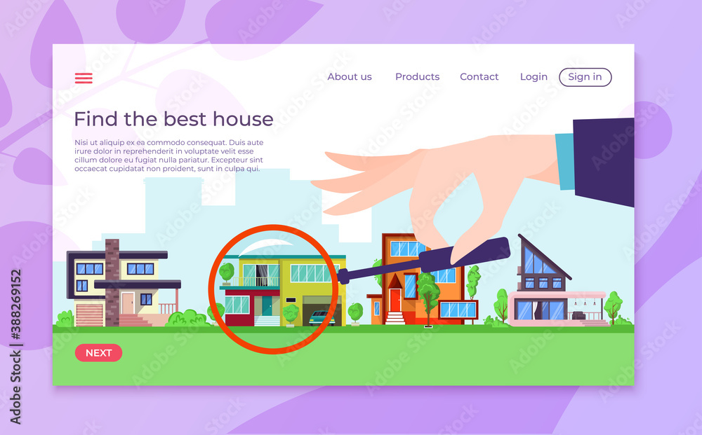 Property and real estate choosing landing page, vector illustration. Apartment advertisement website, interface advertising for realtor purchase. Housing service ad, finance mortgage.