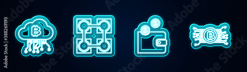 Set line Cryptocurrency cloud mining, Blockchain technology, wallet and bitcoin circuit. Glowing neon icon. Vector.