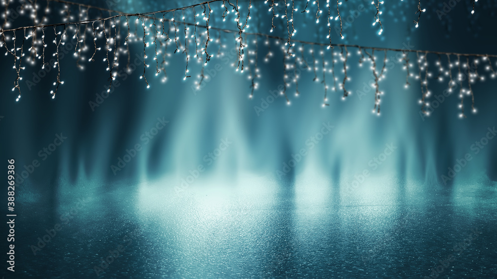 Light festive garland on a dark abstract background. Neon lighting on the street, the reflection of lights on the asphalt. 3d illustration Light festive garland on a dark abstract background. Neon lighting on the street, the reflection of lights on the asphalt. 3d illustration