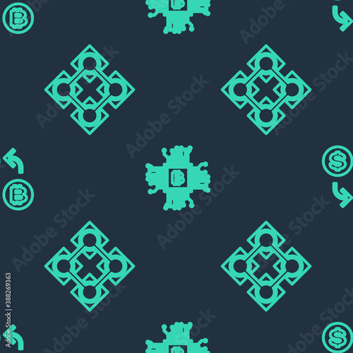 Set line CPU mining farm, Blockchain technology and Cryptocurrency exchange on seamless pattern. Vector.