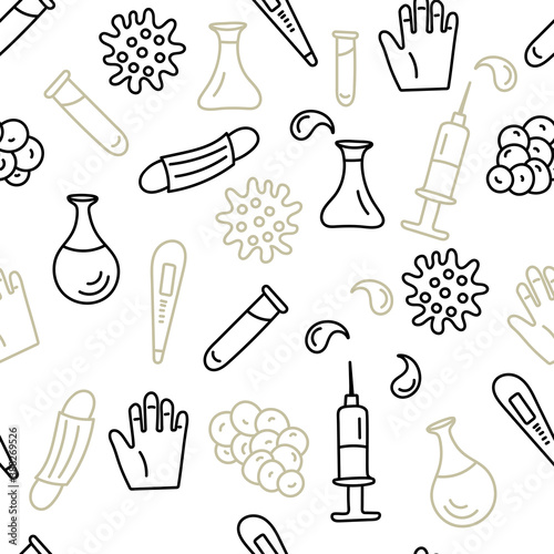 Seamless coronavirus pattern hand-drawn Doodle illustration. Quarantine, pandemic, preventive measures, vaccinations. Vector background