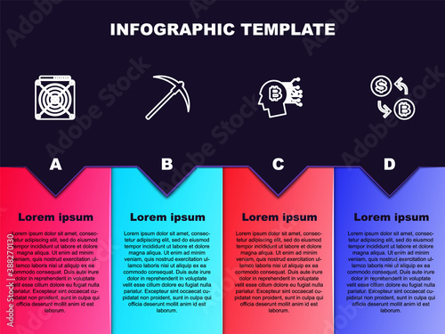 Set line ASIC Miner, Pickaxe, Bitcoin think and Cryptocurrency exchange. Business infographic template. Vector.