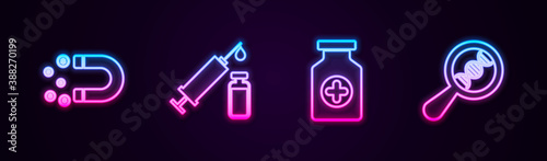 Set line Magnet with money, Medical syringe and vial, Medicine bottle and DNA research, search. Glowing neon icon. Vector.