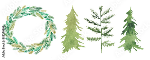 Set of watercolor Christmas objects. A wreath of spruce branches  trees  Christmas trees. Holiday  winter  new year.