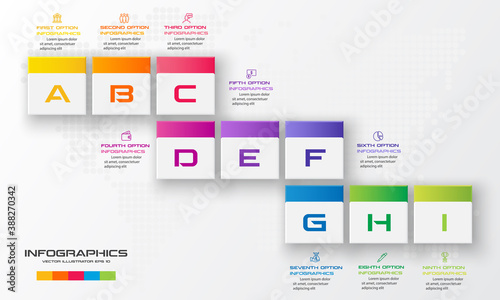 Business infographics template 9 steps with square,Element for design invitations,Vector illustration.