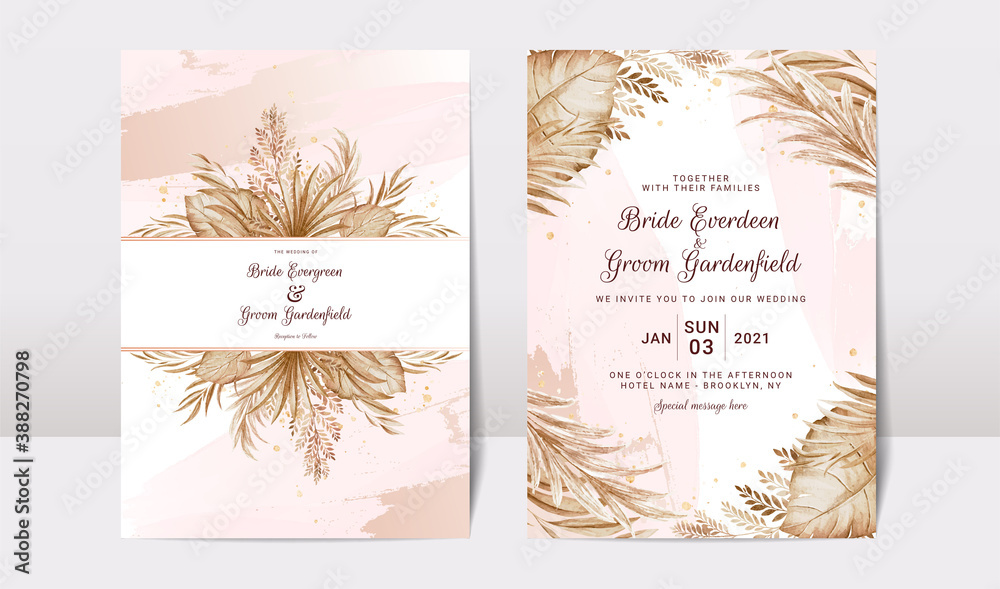 Wedding invitation template set with brown and peach dried floral and leaves decoration. Botanic card design concept Wedding invitation template set with brown and peach dried floral and leaves decoration. Botanic card design concept