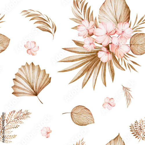 Dried floral seamless pattern of brown and peach watercolor flowers arrangements on white background for fashion, print, textile, fabric, and card background