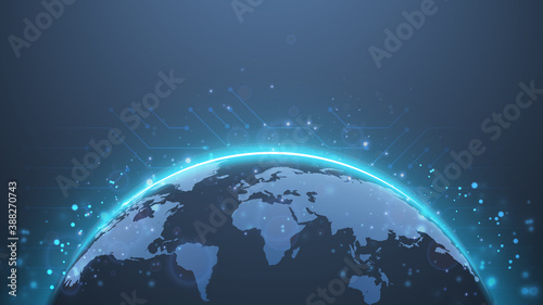 Planet Earth. World map. Global social network future. Internet and technology. Low poly, wireframe 3d Raster illustration. Abstract polygonal image on a blue neon background
