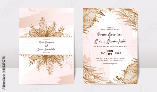 Wedding invitation template set with brown and peach dried floral and leaves decoration. Botanic card design concept