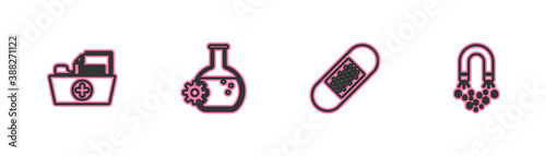 Set line Health record folder, Bandage plaster, Bioengineering and Magnet with money icon. Vector.