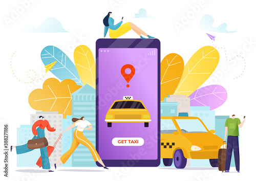 Smartphone taxi app, mobile service with map online vector illustration. Cab transportation with location, transport traffic in application. Passenger search auto in internet, book vehicle.