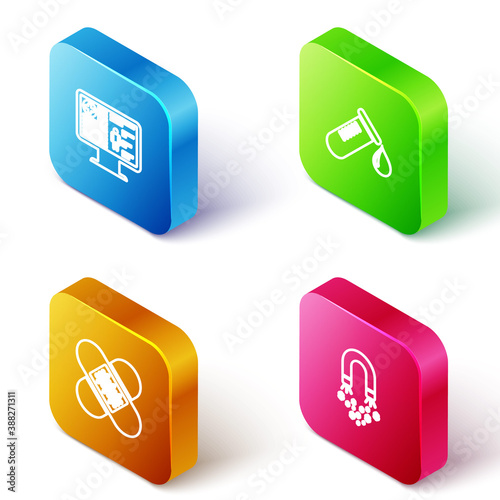 Set Isometric line Clinical record on monitor, Test tube with drop of blood, Crossed bandage plaster and Magnet money icon. Vector.