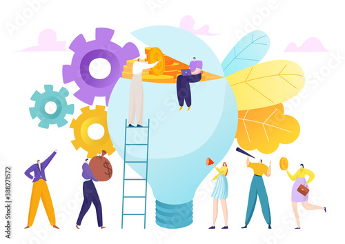 Idea project money investment, crowdfunding finance donation vector illustration. Investor support with success financial donate, innovation startup service. Investing people help to entrepreneur.