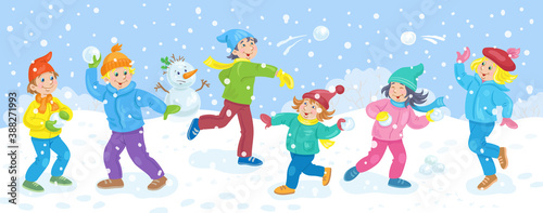 Winter fun. Happy children play snowballs in a winter glade. Banner in cartoon style. Vector flat illustration.