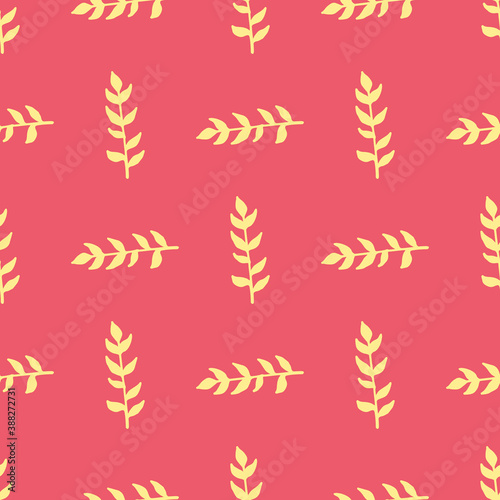 Seamless pattern with light yellow branches on bright pink background. Vector image.