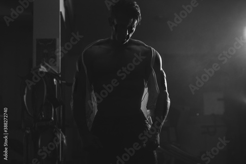 silhouette of muscular man. Silhoutte of muscular man showing his body in ripped white shirt in gym. Monochrome. Cinematic style portrait. © shevtsovy