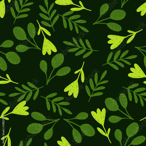 Random forest seamless pattern with green folk flowers. Botanic flora green print on black background.