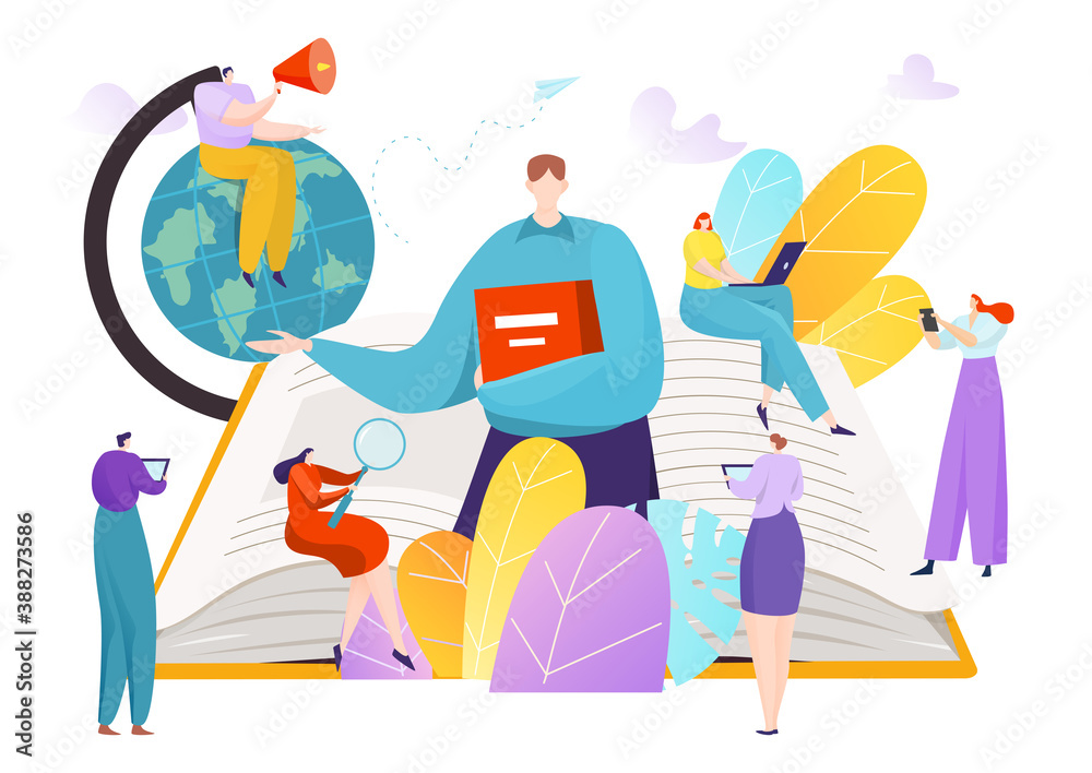Education learning online school with book, distance university at cyberspace cartoon concept vector illustration. Training course with teacher, science teaching service. Graphic study and graduation.