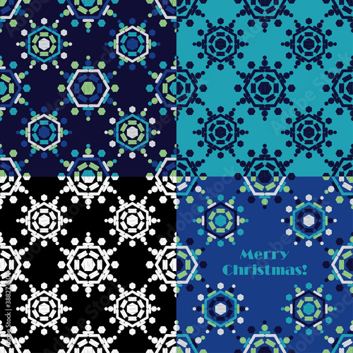 Set of 4 designs. Christmas decorative snowflakes. Geometrical figure. Seamless background. Boho style. Vector illustration for web design or print.