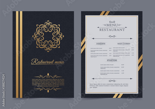 Luxury restaurant menu with logo ornament
